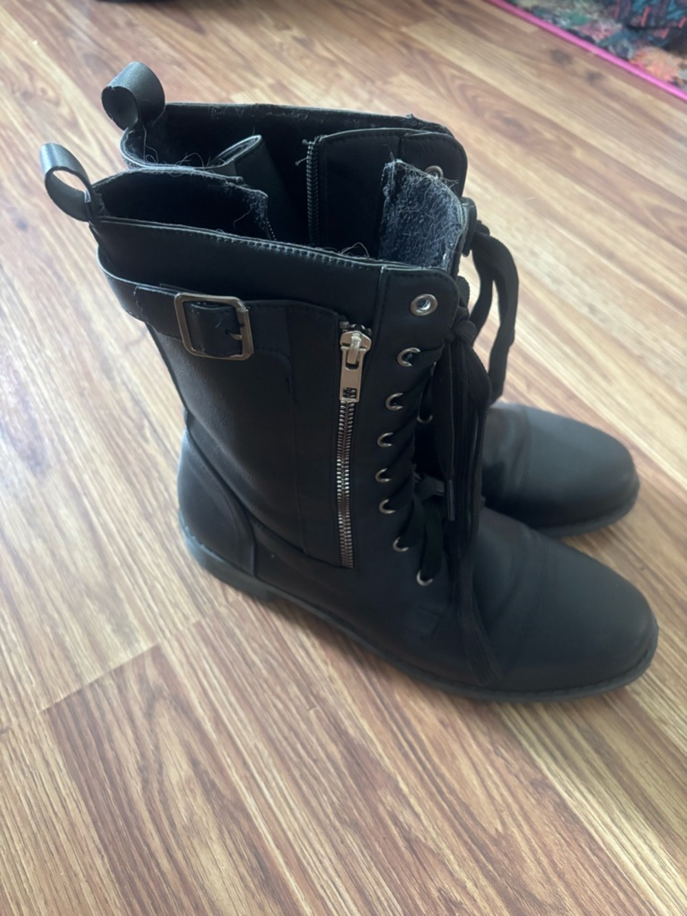 Women’s Black Lace-Up Combat Boots with Side Zip